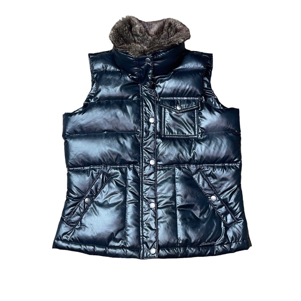 Eddie Bauer Premium Goose Down Quilted Faux Fur Collar Puffer Coat Vest Jacket M
